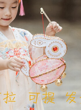 手工手提手拉两用拖拉兔灯发光滚动元宵花灯蕾丝布艺兔子电子灯笼