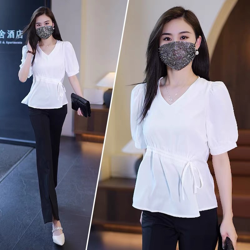 短袖衬衫女2025夏季收腰韩版遮肚子V领设计感小众松紧腰白色上衣