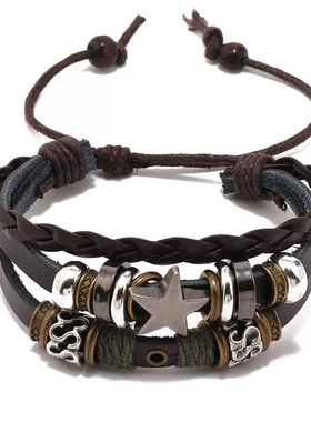 手串五角星多层个性复古手链男女情侣欧美皮质编织小众设计感饰品