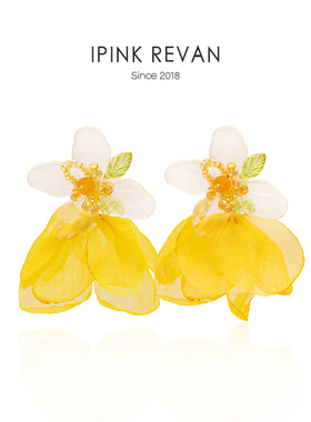 IPINK春夏度假风花瓣耳环黄色布艺耳坠气质百搭显白显瘦ins