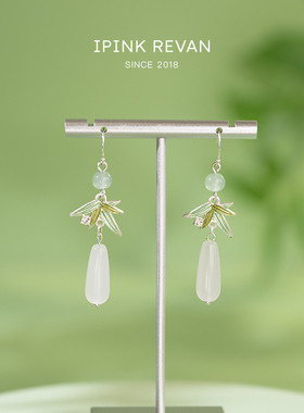 IPIINK原创《青筠》新中式国风耳夹蚊香盘竹叶绿色925银耳钩耳饰