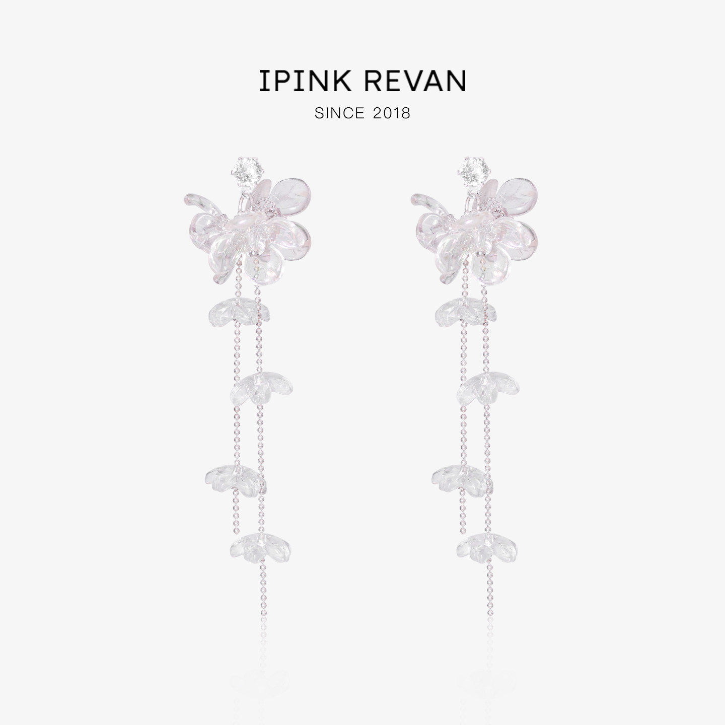 IPINK原创仙气琉璃花朵耳环耳夹女气质透明高级感耳饰夏日耳钉