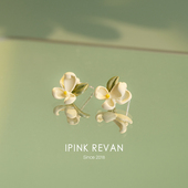 IPINK栀子花耳针耳钉花朵清新绿色小巧耳夹女无耳洞春夏