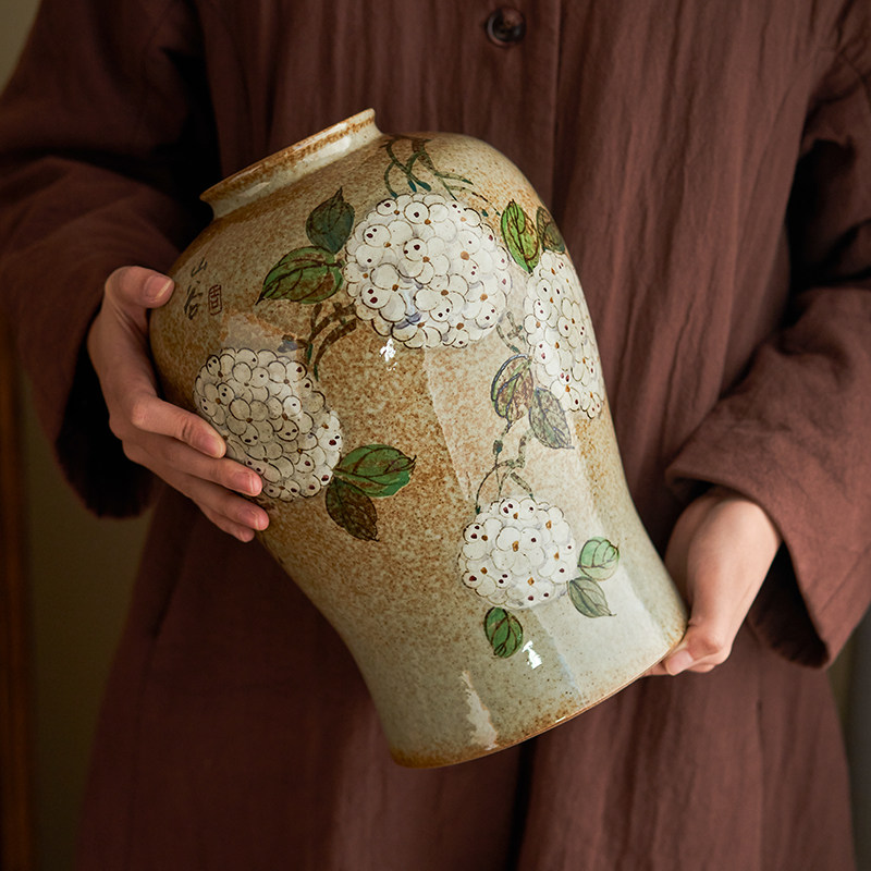 景德镇复古手工粗陶手绘绣球花大花瓶水培鲜花高款中古风桌面装饰