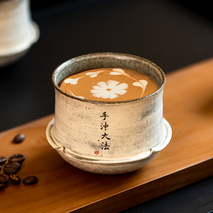 景德镇日式手写定制黑陶粉引复古手握杯拉花杯咖啡杯手冲杯早餐杯