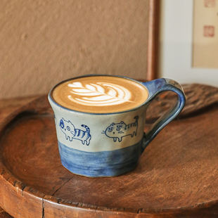 景德镇杯子陶瓷杯猫咪水杯复古釉下彩青花瓷咖啡杯手工手绘马克杯