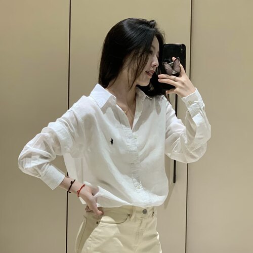 现货拉夫亚麻衬衫防晒衣男女同款纯亚麻长袖小马标刺绣薄款上衣潮