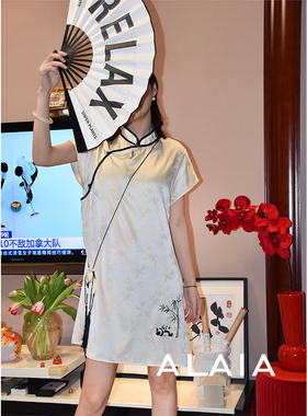 Gus 24ss/新中式 春夏新款熊猫刺绣竹叶仿真丝缎面旗袍连衣裙