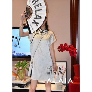 春夏新款 新中式 熊猫刺绣竹叶仿真丝缎面旗袍连衣裙 清仓款 Gus