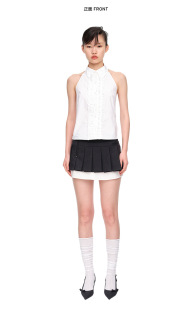 26ss无袖 百搭上衣 花边领挂脖衬衫 休闲时尚 碎花黑白 款 Gus