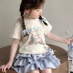 女童夏装套装独特甜美女宝宝卡通T恤短裙两件套2025新款夏季童装