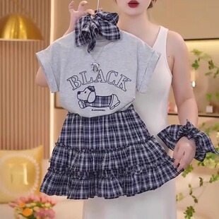 女童短袖T恤夏装套装2025夏季新款潮儿童休闲女孩格子短裙两件套