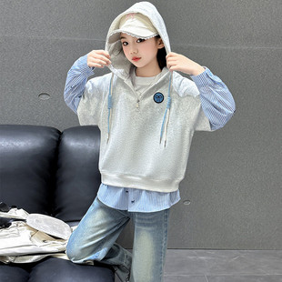 女童卫衣秋装2025新款假两件秋季上衣韩版女孩洋气连帽春秋女大童