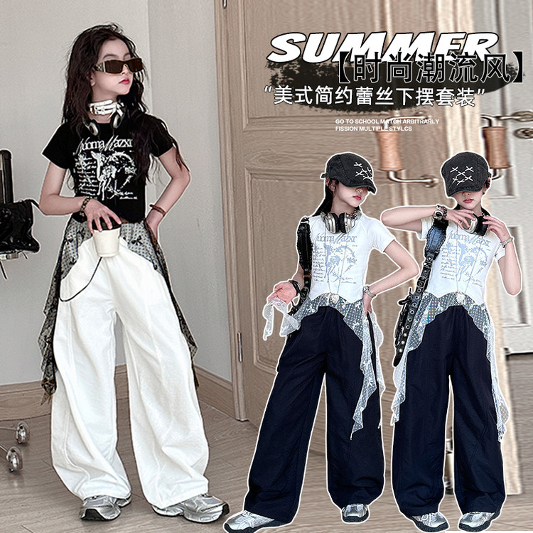 美式破洞速干裤夏女童爵士服酷飒网纱流苏短袖儿童街舞走秀服jazz