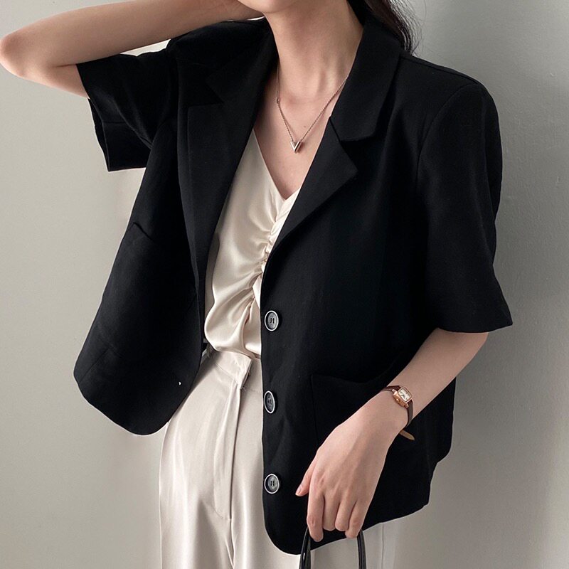 夏装韩国chic翻领三粒扣大码休闲短袖西装外套女M-4XL200斤