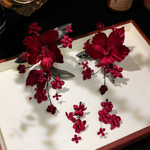 森系新娘头饰中式花朵红色发夹盘发发饰复古敬酒新款旗袍结婚配饰