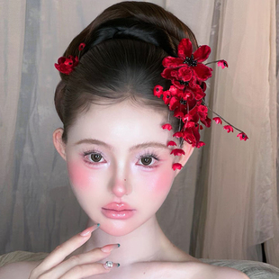 新款森系红色仿真花朵发夹复古中式新娘头饰敬酒旗袍晨袍造型配饰