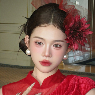 新款中式复古新娘头饰高级感红色网纱头花朵结婚晨袍旗袍礼服配饰