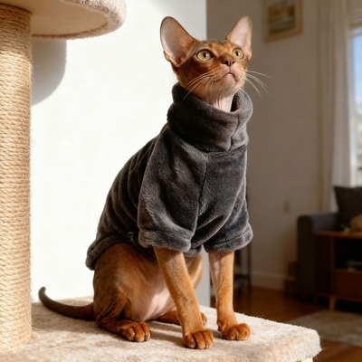 弹力绒护肚衣猫咪四脚衣保暖冬装宠物德文猫专用无毛猫衣服可牵引