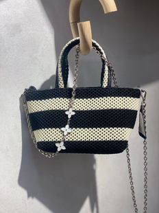 包包女2025新款夏季条纹编织托特包织布链条斜挎单肩手提包小拎包