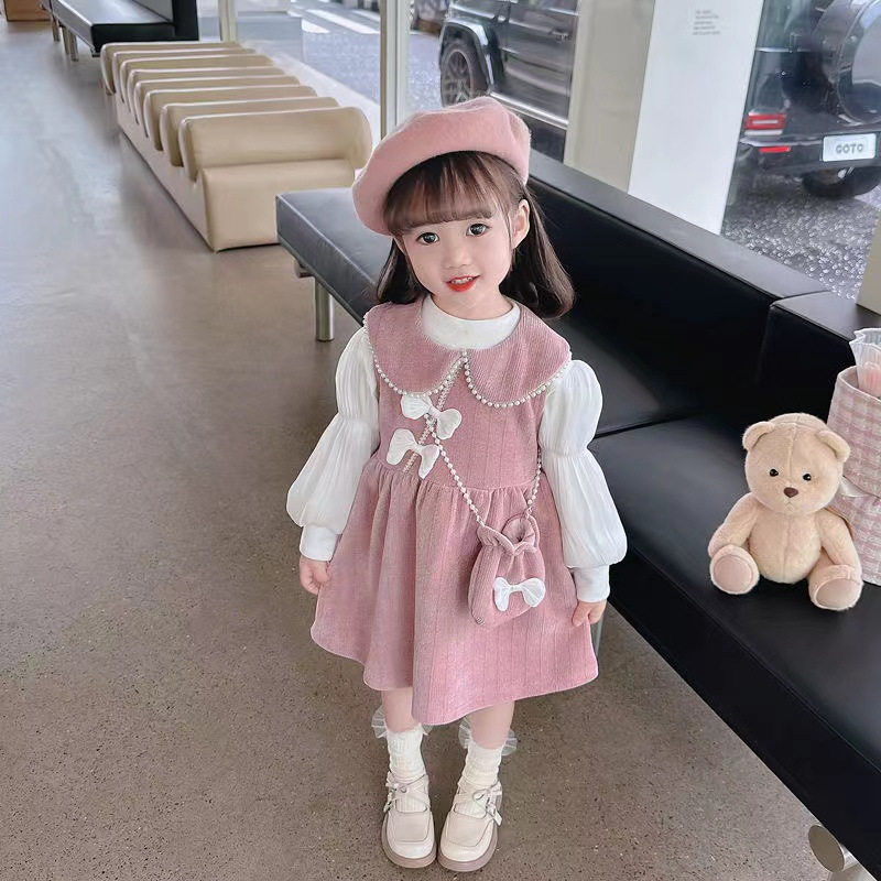 甜美女孩穿搭套装裙2025秋冬娃娃领钉珠蝴蝶结背心连衣裙长袖上衣