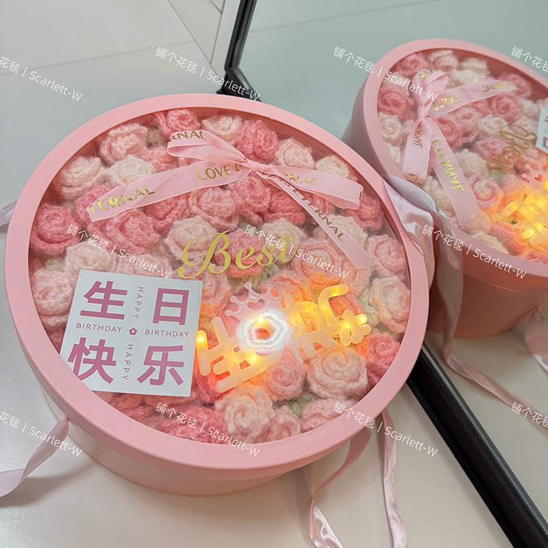 超温柔!成品玫瑰花束毯手工编织