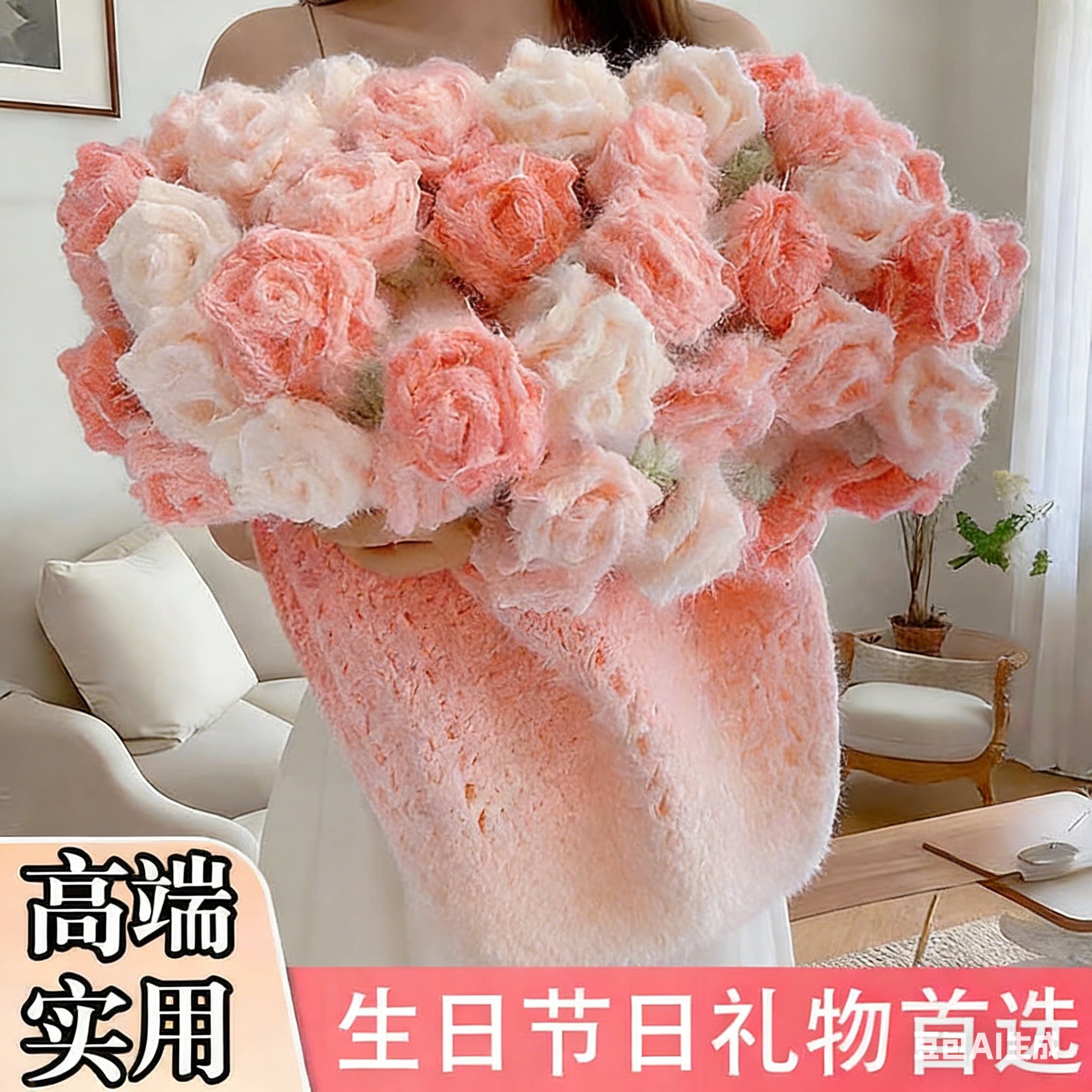 成品手工编织玫瑰花花束毯子百喜毛毯闺蜜新婚礼物生日女朋友钩织