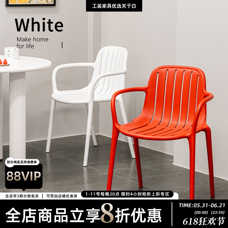 关于白北欧塑料餐椅家用可叠放扶手椅靠背餐桌凳子奶茶店休闲椅子