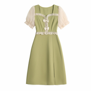 RM13629#夏季新款法式温柔风方领蝴蝶结拼接假两件套连衣裙