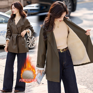 美拉德加绒加厚皮衣外套女中长款韩系百搭系带风衣皮夹克