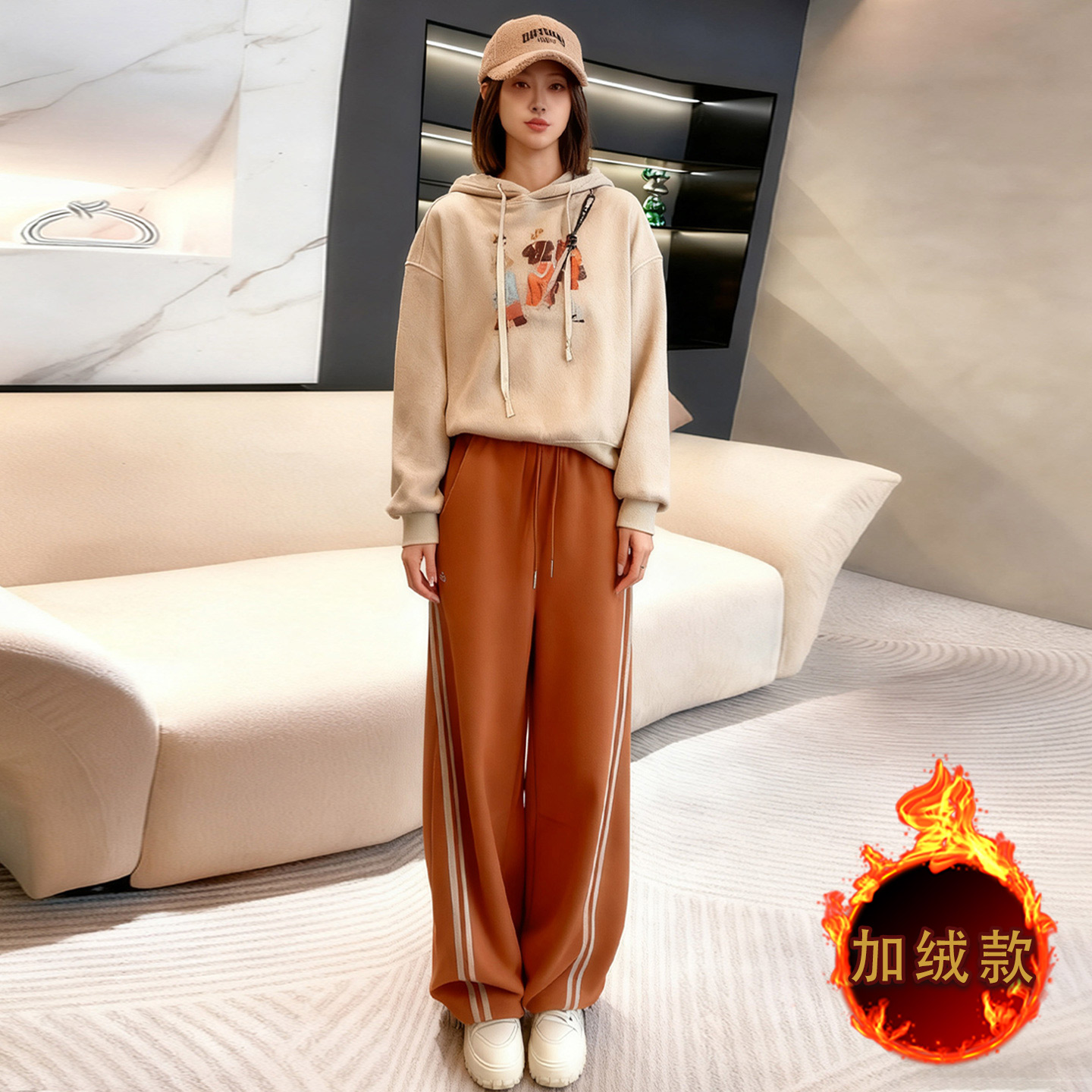 高级感时尚减龄套装女秋冬新款撞色拼接连帽卫衣阔腿束脚裤两件套