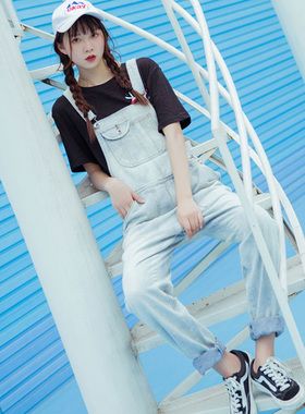 seve背带裤网红牛仔裤女秋高腰嘻哈BF风吊带老爹裤大码宽松哈伦裤