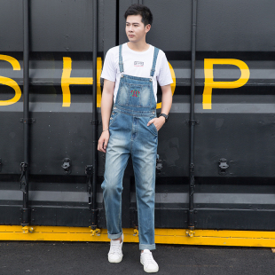 美式 做旧牛仔背带裤 情侣宽松大码 男长裤 休闲连体直筒刺绣 2020新款