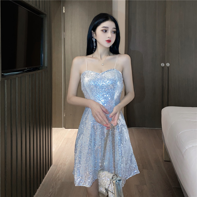 Real shot trampy strapless dress dress dress sexy nightclub women's low cut open back glitter piece waist A-line skirt