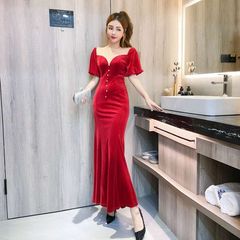 Fish tail long banquet temperament wine red velvet Wedding Toast bride