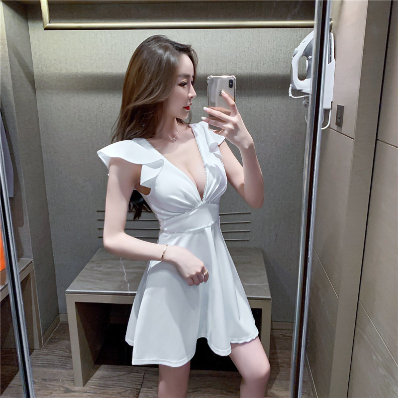 High quality low chest lotus leaf sleeve short skirt night work clothes