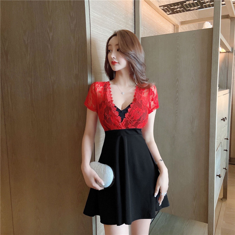 Night club sexy lace dress nightclub dress nightclub feminine open chest deep V-neck night show miniskirt