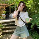 喜你而欢大庞定制 花边衬衫 Berry 白色中袖 上衣 女泡泡袖 圆领短款