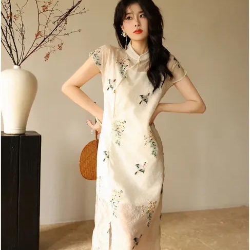 夏季新款中式花鸟刺绣改良旗袍连衣裙花萝提花两件套F5172,女装/女士精品,旗袍,淘宝优惠券,粉丝福利购,淘宝优惠卷