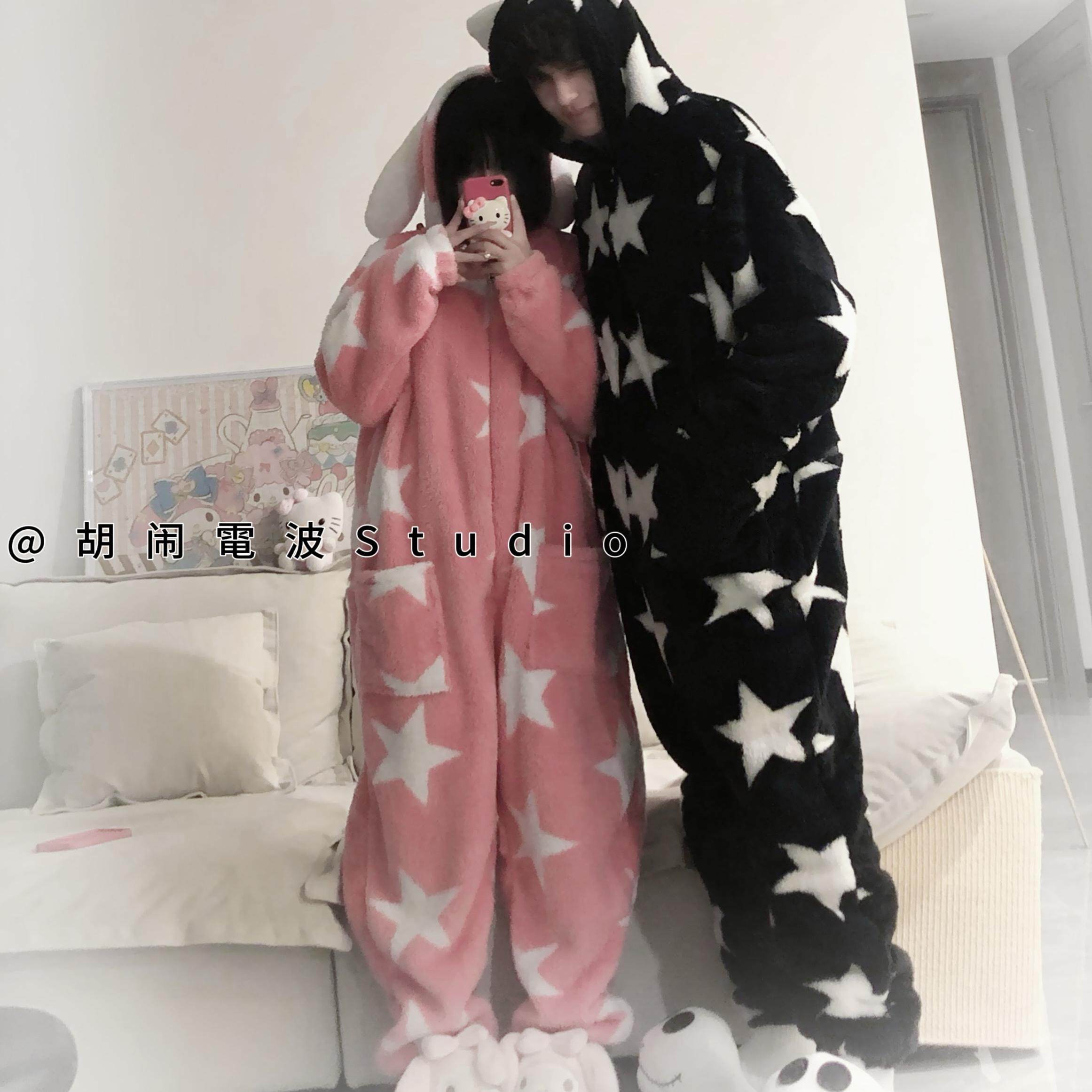 -星星连体睡衣-胡闹電波原创设计连体睡袋猫兔耳冬保暖家居服情侣
