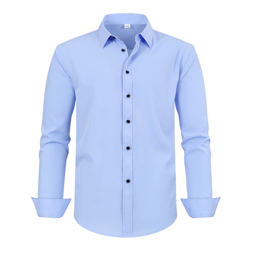 跨境男士长袖衬衫四面弹力免烫纯色商务休闲衬衣男修身弹力款衬衫