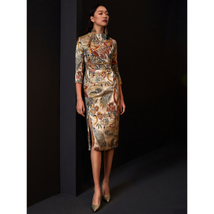 扶郎2024原创小众设计师女装 奢华金色仙鹤提花 修身改良长旗袍裙