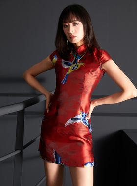 扶郎2024原创小众设计师 风情提花复古风 显瘦修身红色日常短旗袍