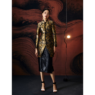 扶郎。原创国潮女装 帅气雅痞范 提花复古长立领西装修身龙纹外套