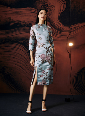 扶郎。原创小众设计师女装奢华提花刺绣修身改良长旗袍国风连衣裙