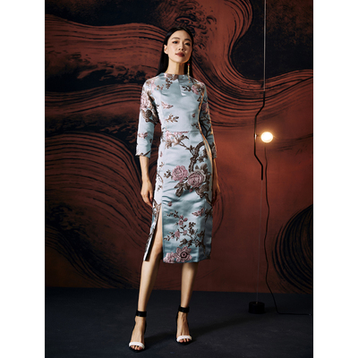 扶郎。原创小众设计师女装奢华提花刺绣修身改良长旗袍国风连衣裙