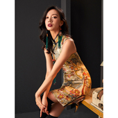 扶郎2024原创小众设计复古提花金仙鹤时髦改良少女无袖 中长款 旗袍