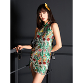 扶郎2024原创设计风格 显瘦削肩少女短旗袍裙 改良修身 店 复古提花