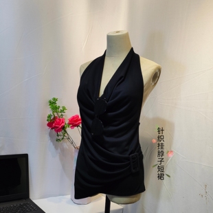辣妹性感短款 裙子 黑色百搭褶皺蕩領背心裙掛脖子露背2025夏季 法式