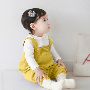韩版 婴儿背带裤 子 衣服新款 2岁男女宝宝纯棉针织大PP毛线裤